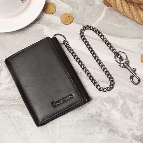 Mens Wallet with Chain, Genuine Leather Trifold Wallet RFID Blocking Anti-Theft Chain for Biker, Motorcycle(Black)...