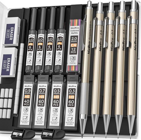 Nicpro 5 PCS Art Mechanical Pencils Set, Metal Drafting Pencil 0.3 & 0.5 & 0.7 & 0.9 & 2mm Graphite Lead Holder(4B 2B HB 2H Colored) for Sketching...