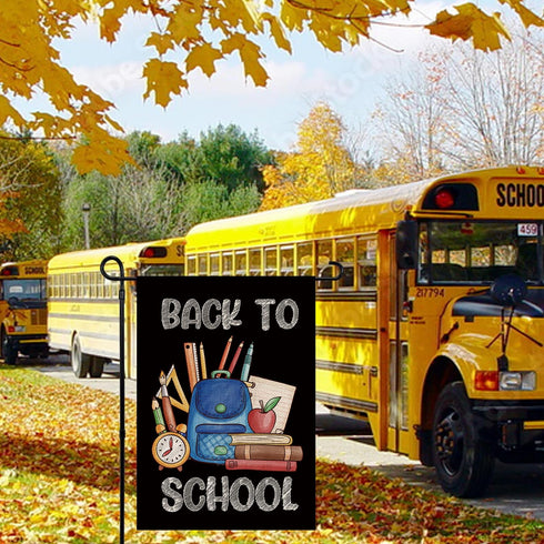 Back to School Garden Flag Pencil Book Alarm Clock Schoolbag Burlap Black Flag Double Sided First Day to School Outside Yard Lawn Decorations 12.5...