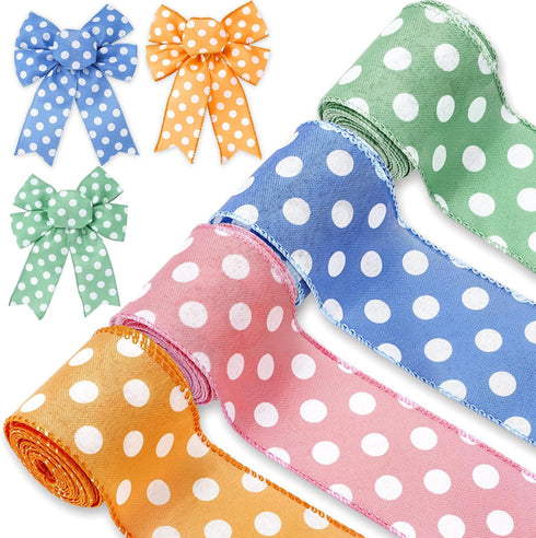 AnyDesign Polka Dots Wired Edge Ribbon 24 Yards Green Purple Pink Orange Dots Fabric Craft Ribbon for Easter Birthday Baby Shower Spring Gift Wrap...