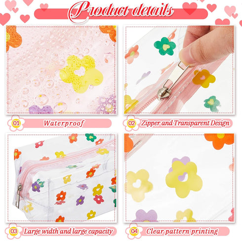 Henoyso 4 Pcs Clear Small Makeup Bag with Zipper Cute Flower Daisy Heart Strawberry Cosmetic Bags Transparent Makeup Pouch Cartoon Pencil Case Wat...