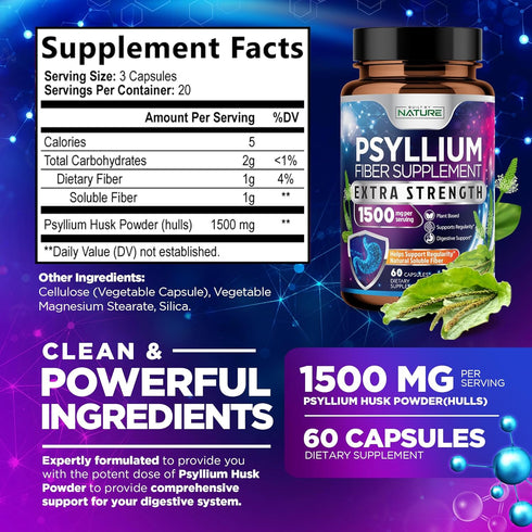 Psyllium Husk Capsules 1500mg - Fiber Supplement - Natural Soluble Fiber Pills with Psyllium Husk Powder - Supports Digestive Gut and Colon Health...