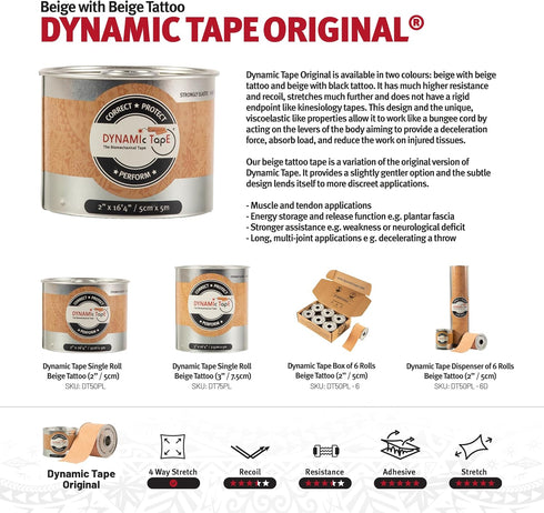 Dynamic Tape | Biomechanical Adhesive tape | For Sports & Physio | Knee, Ankle, Elbow, Leg, Muscle Support | Beige 2 Inches x 16.4 Feet Roll...