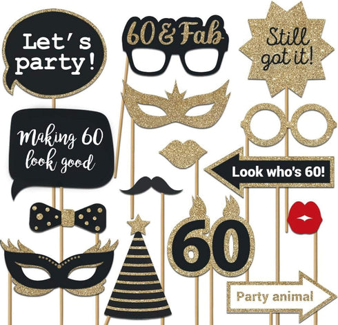 Fully Assembled 60th Birthday Photo Booth Props - Set of 30 - Black & Gold Selfie Signs - 60th Party Supplies & Decorations - Cute Bday Designs wi...