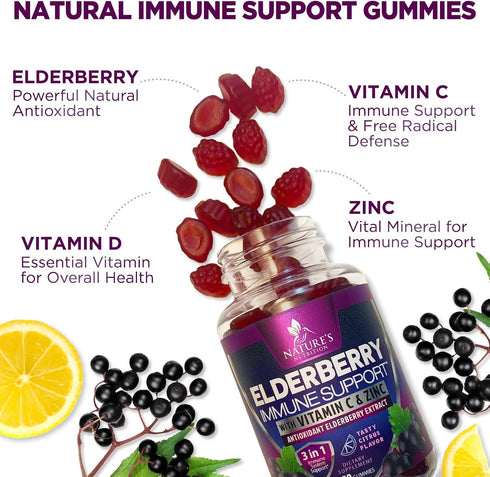 Immune Support Gummies - Powerful Sambucus Elderberry Gummies with Elderberry Extract, Zinc & Vitamin C Gummy, Max Potency Natural Vegan Immune Su...