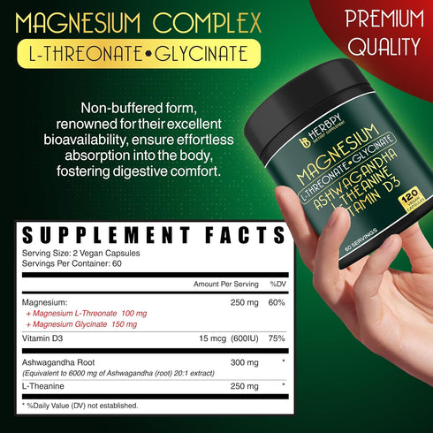Relaxation & Restful Night with Magnesium L-Threonate & Glycinate Supplement, Plus Vitamin D3, Ashwagandha Root & L-Theanine - Brain, Bone & Heart...