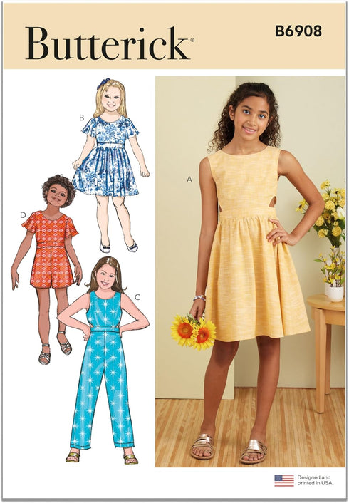 Butterick Easy to Make Girls' Dress, Jumpsuit and Romper Sewing Pattern Packet, Design Code S9127, Sizes 7-8-10-12-14, Multicolor...