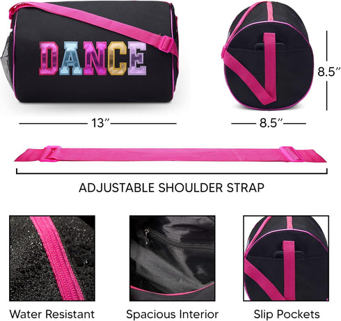 Dance Duffle Bag for Girls, Water-resistant Kids Travel Bag with Adjustable Carry On and Handy Pouch, Dance Accessories For Girls -Black One Size...