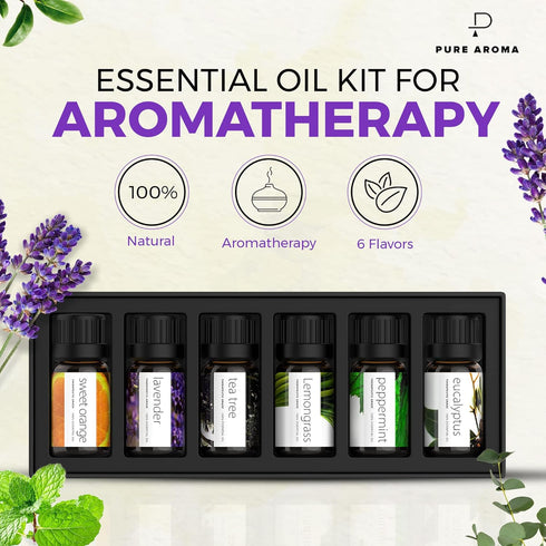 Essential Oils Set by Pure Aroma - Top 6 Aromatherapy Oils Gift Set-6 Pack, 10ml (Eucalyptus, Lavender, Lemongrass, Sweet Orange, Peppermint, Tea ...