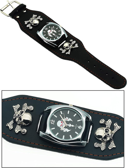 Good Leather Punk Skull Quartz Men's Wrist Watch,Big Dial Skull Women's Watch,Skull+Chains+Rivets Elements,Fashion Gift Watch Cool, Black...