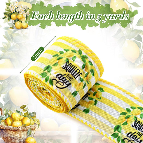 6 Rolls 30 Yards Lemon Wired Edge Ribbon Summer Yellow Lemon Gnome Truck Craft Ribbons Lemon Buffalo Plaid Check Stripe Farmhouse Fabric Ribbon fo...