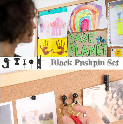 200 Pieces Push Pins Thumb Tacks Black Push Pins for Cork Board, 5 Style for Bulletin Boards Wall Maps Pictures Office Home Supplies...