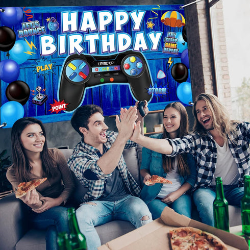Video Game Birthday Decorations Banner Backdrop Blue Game Birthday Party Decorations Level up Gaming Theme Party Backdrop Photo Props for Gamer Ki...