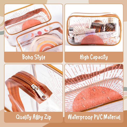 Y1tvei 2Pcs Summer Boho Rainbow Sunshine Clear PVC Makeup Bag Brown Rainbow Boho Plastic Cosmetic Toiletry Bag Transparent Zipper Makeup Case Wate...
