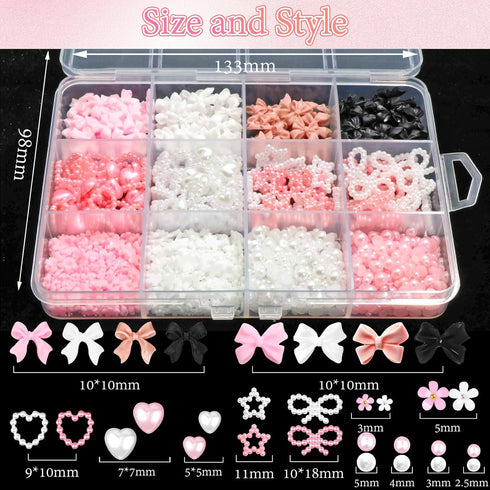 BELICEY 3D Bow Nail Charms 600PCS Flowers Nail Charm Pink&White Flatback Pearls Beads Star Heart Bowknot Cute Nail Charms Nail Supplies Accessorie...