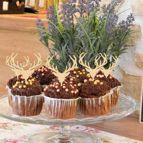 Wooden Deer Cupcake Toppers Antler Cake Picks Wedding Baby Shower Birthday Hunting Rustic Country Party Cake Decoration Supplies 24 Counts...