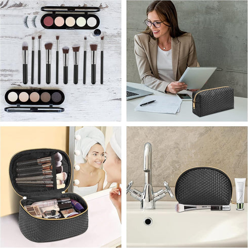 KTMOUW Makeup Bag 3 Pcs Waterproof Cosmetic Bag Set with 10 Makeup Brushes Portable Travel Cosmetic Bag Multifunction Organizer Storage Bag Weave ...