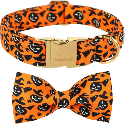 Halloween Dog Collars for Large Dog with Bow Tie,Fall Scary Pumpkin Dog Collar with Safety Metal Buckle Adjustable Puppy Collars for Small Medium ...