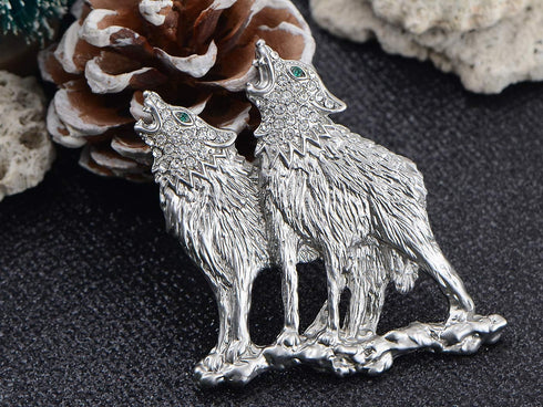 Alilang Silvery Tone Clear Rhinestones Emerald Green Eyes Howling Couple Wolves Animals Lapel Brooch Pin...