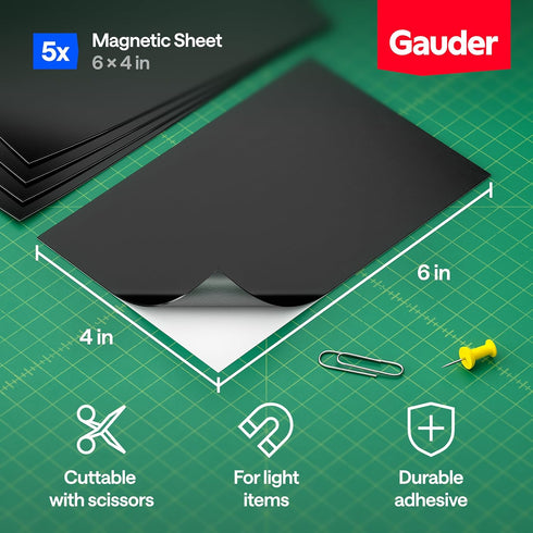 GAUDER Magnetic Sheets with Adhesive Backing (4' x 6') | Black Adhesive Magnetic Sheets (5 Pieces)...
