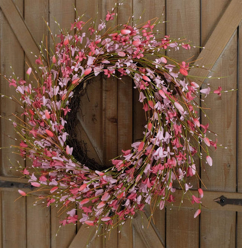 Bibelot 18inch Artificial Forsythia Flower Wreath, All Year Around Wreath for Front Door, Wedding Window Home Wall Indoor Front Door Decor (Pink, ...