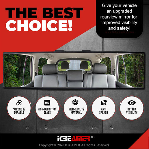 11.8" ICBEAMER Clip On Rear View Mirror | Flat Clear Tint Glass, Panoramic Wide Angle HD Glass, Anti Glare, Universal Fit for Car, SUV, Truck | El...