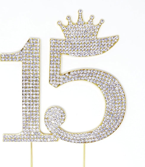 Number 15 Quinceanera Rhinestone Princess Crown Monogram Cake Topper - Sweet 15th Birthday Party (Gold)...