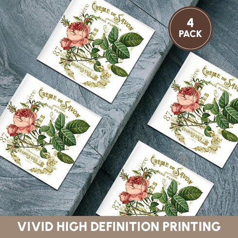 3dRose cst_178817_3 French Pink Rose Vintage-Ceramic Tile Coasters, Set of 4...