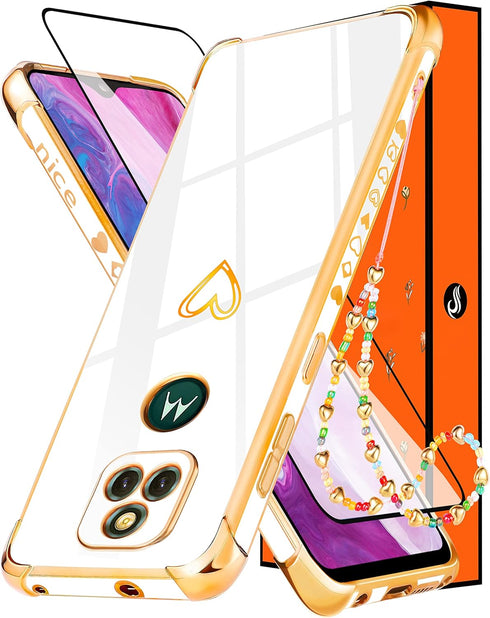 Petitian for Motorola Moto G Play 2021 Case for Women Girls, Heart Shaped Classy Girly Cute Aesthetic (3 in 1) Love Hearts Pattern Gold Plated Edg...