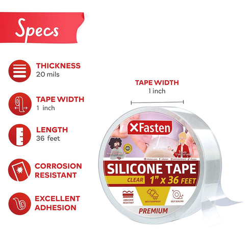XFasten Self Fusing Silicone Tape for Plumbing Clear 1" X 36-Foot Non-Adhesive Leak Seal Tape Waterproof, Silicone Grip Tape, Rubber Tape Thick fo...