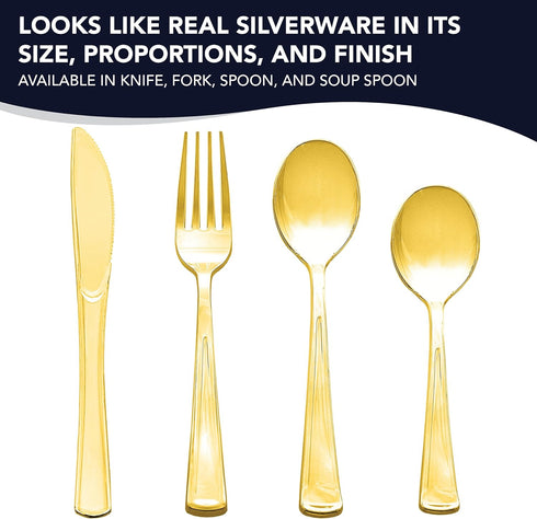 Party Essentials Disposable Plastic Cutlery/Heavy-Duty Flatware/Silverware for All Events, 50-Count, Shiny Gold Soup Spoons...