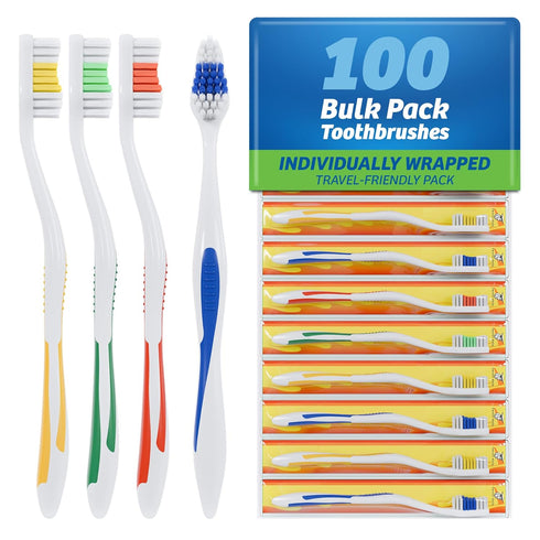 FactorDuty 100 Pack Toothbrush Standard Classic Medium Soft Toothbrush Bulk Individually Wrapped...
