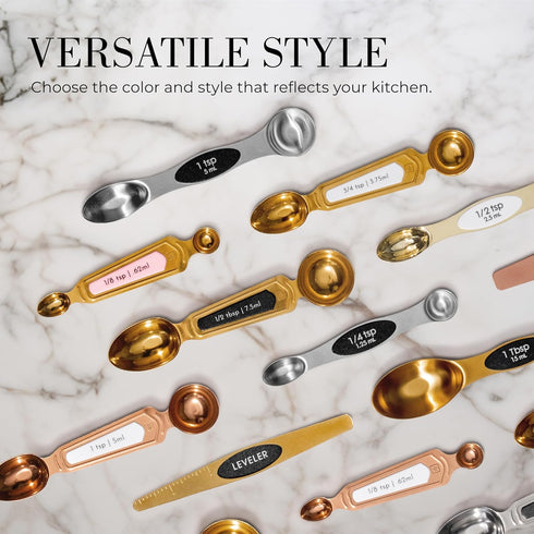 Gold Magnetic Measuring Spoons with Leveler - Featuring 8-Piece Upgraded Style, Dual-Sided, Stackable, Stainless Steel Gold Measuring Spoons Set -...