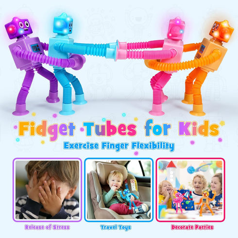Robot Fidget Toys for Kids : 4 Pack LED Robotic Pop Tubes Telescopic Suction Cup Sensory Toy for 2 3 4 5 6 7 8 Year Old Boys Girls Christmas Birth...