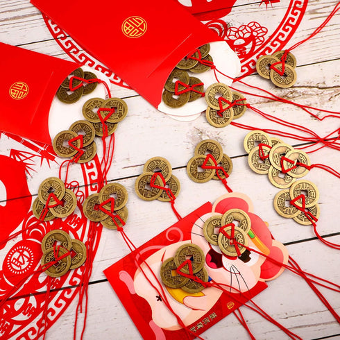 Boao Chinese Fortune Coins Feng Shui I Ching Good Luck Coins Traditional Brass New Year Favor with Red String for Wealth and Success, 5 Styles(20 ...