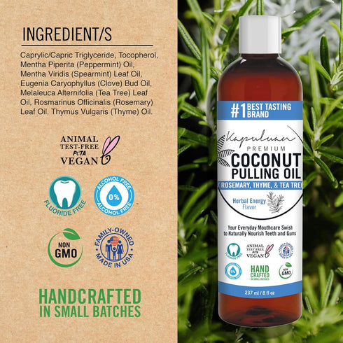 Coconut Pulling Oil for Teeth and Gums Mouthwash, 100% Pure and Natural, Non-GMO, Ayuverdic – Refreshing Rosemary Essential Oil, Thyme Essential O...