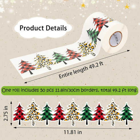 49.2 Ft Christmas Tree Bulletin Board Border, Self-Adhesive Plaid Leopard Christmas Tree Bulletin Board Border Trim for Christmas Winter School Cl...