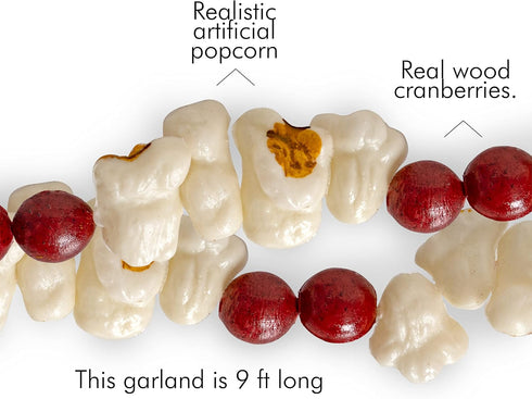 Ornativity Popcorn Cranberry Wooden Garland – Realistic Pop Corn and Rustic Red Wood Beaded Christmas Tree Decorations Garland Bead Strand...