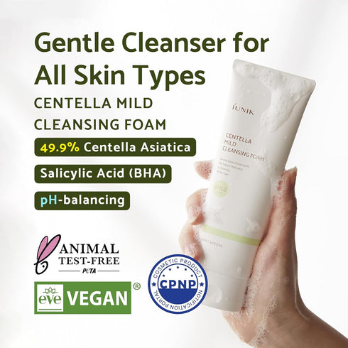 IUNIK Centella Mild Facial Foaming Cleanser - Non-stripping Sub-Acid w/Centella Asiatica 49% Moisturizing pH Balancing for Oily Dry Senstivie Acne...
