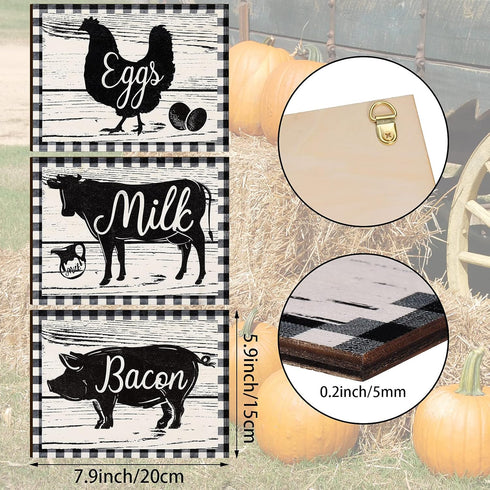 Jetec 3 Pieces Farmhouse Kitchen Decor Wooden Pig Cow chicken Signs Rustic buffalo plaid wall art farm animal Plaque for Kitchen Home Wall Decorat...