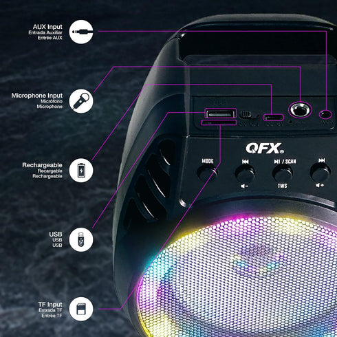 QFX BT-64 TWS Bluetooth Rechargeable Portable Speaker with 4” Woofer LED Party Lights, Microphone Input, AUX Input, USB Port, TF Card Slot, Black....
