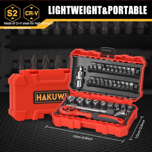35 Pieces 1/4 inch Drive Socket Ratchet Wrench Set, Mini Ratcheting Wrench with Bit Socket Set Metric and Extension Bar for Auto Repairing...