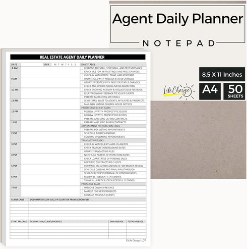 Real Estate Agent Supplies - Daily Planner Task List Notepad. Simple one page document with calendar, task lists, call and mileage log. Keep organ...