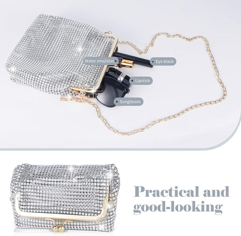 Small Sparkly Silver Purse,Sequin Bling Silver Clutch Purse,Silver Rhinestone Purse Clutch For Women 8"×6.45"×5.8"...