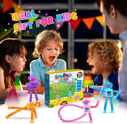 Robot Fidget Toys for Kids : 4 Pack LED Robotic Pop Tubes Telescopic Suction Cup Sensory Toy for 2 3 4 5 6 7 8 Year Old Boys Girls Christmas Birth...