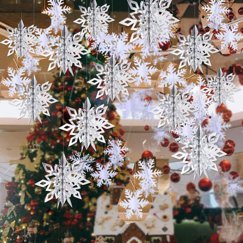 OuMuaMua Winter Christmas Hanging Decorations, 12PCS 3D Large Silver Snowflakes & 12PCS White Paper Snowflakes Hanging Garland for Christmas Winte...
