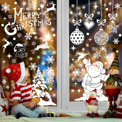 236PCS Christmas Window Clings, 9 Sheets Double-Sided Snowflakes Christmas Window Stickers, Snowman Xmas Decorations Stickers for Glass Window, Re...