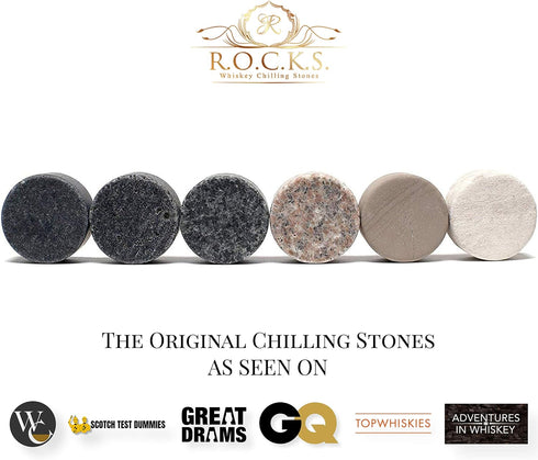 Whiskey Chilling Stones - Set of 6 Handcrafted Premium Granite Round Sipping Rocks - Hardwood Presentation & Storage Tray by R.O.C.K.S....