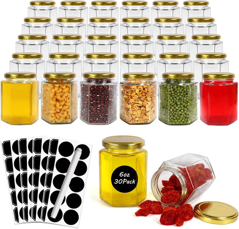 Betrome 30 Pack 6oz Hexagon Glass Jars with Gold Lids, 180ml Clear Glass Canning Jars Honey Jars Spice Jars Mason Jars for Jams, Shower Favors, We...