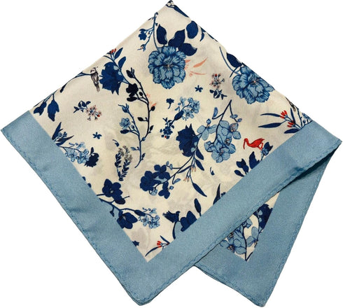 Handkerchief, men's pocket, silk square scarf, blue flower and bird pattern, oriental art...